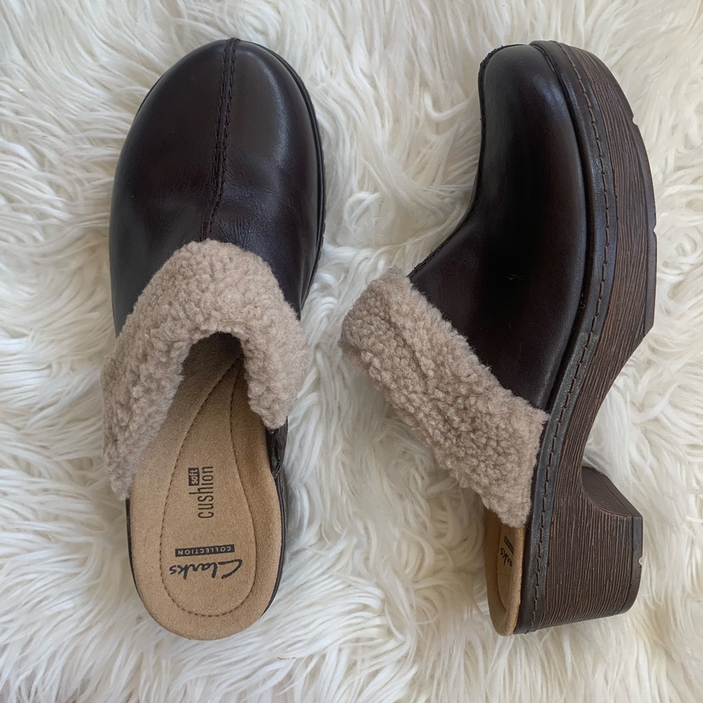 CLARKS Leather Dark Brown Preslet Grove Mules Clogs Shoes